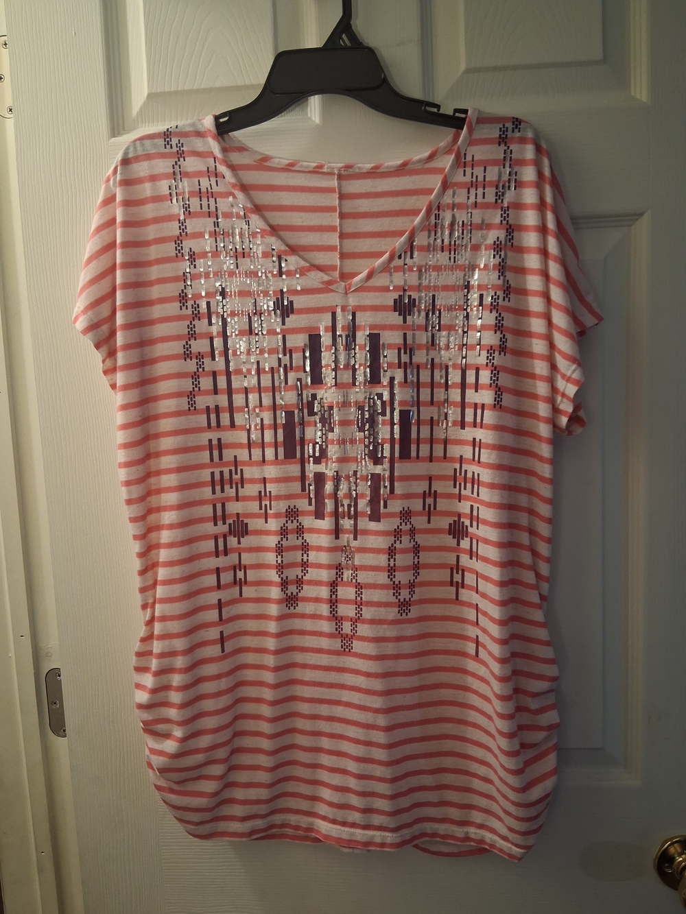Coral and White Striped V-Neck Short Sleeve Top with Sequin Detail